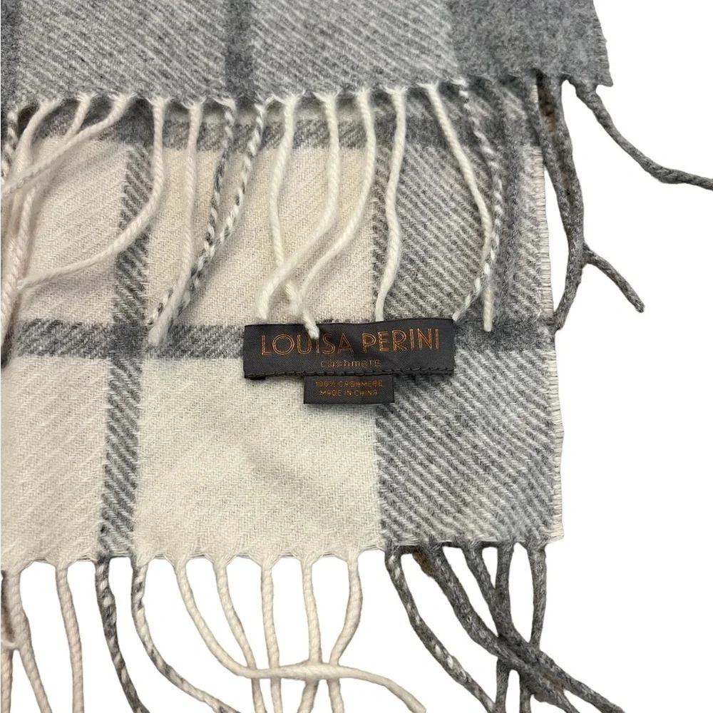 Louisa Perini 100% Cashmere Cream & Gray Windowpane Plaid Scarf